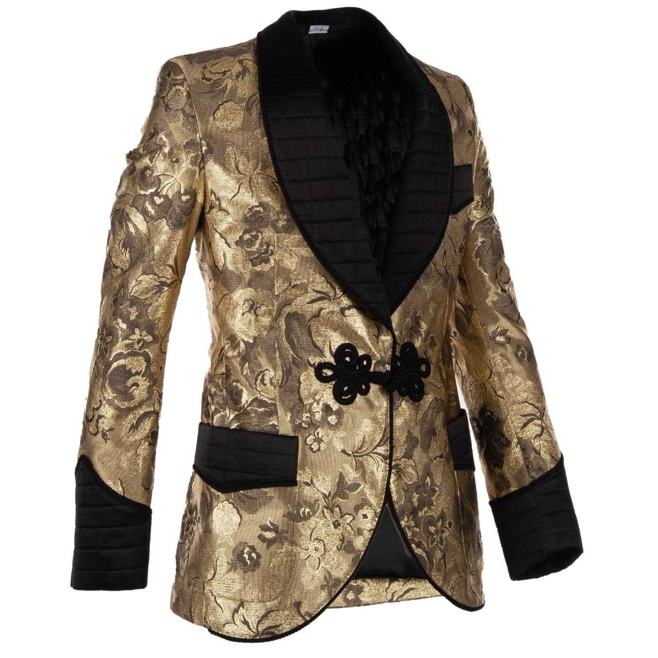 Dolce & Gabbana Baroque Floral Tuxedo Blazer with Rope Closure Black Gold 46 For Sale 2