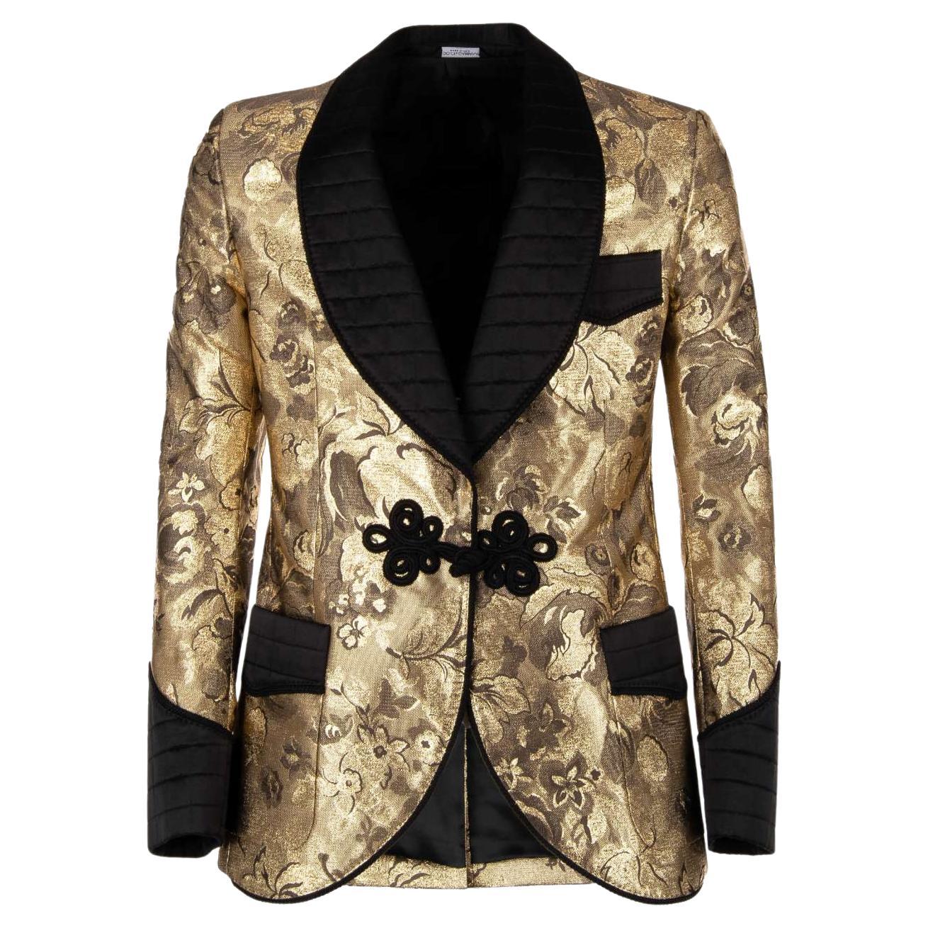 Dolce & Gabbana Baroque Floral Tuxedo Blazer with Rope Closure Black Gold 46 For Sale