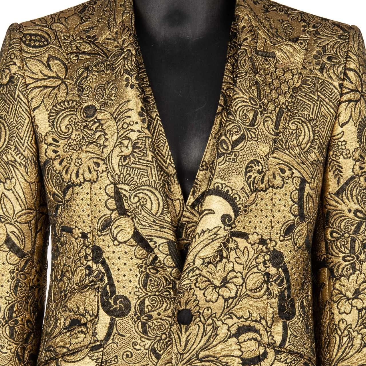 - Traje de 3 piezas en jacquard floral con solapa de pico en dorado y negro de DOLCE & GABBANA - Modelo SICILIA - DESFILE - Dolce & Gabbana Fashion Show - Nuevo con etiqueta - MADE in ITALY - Slim Fit - Model: GK5BMT-HJMHA-S8350 - Material: 81%