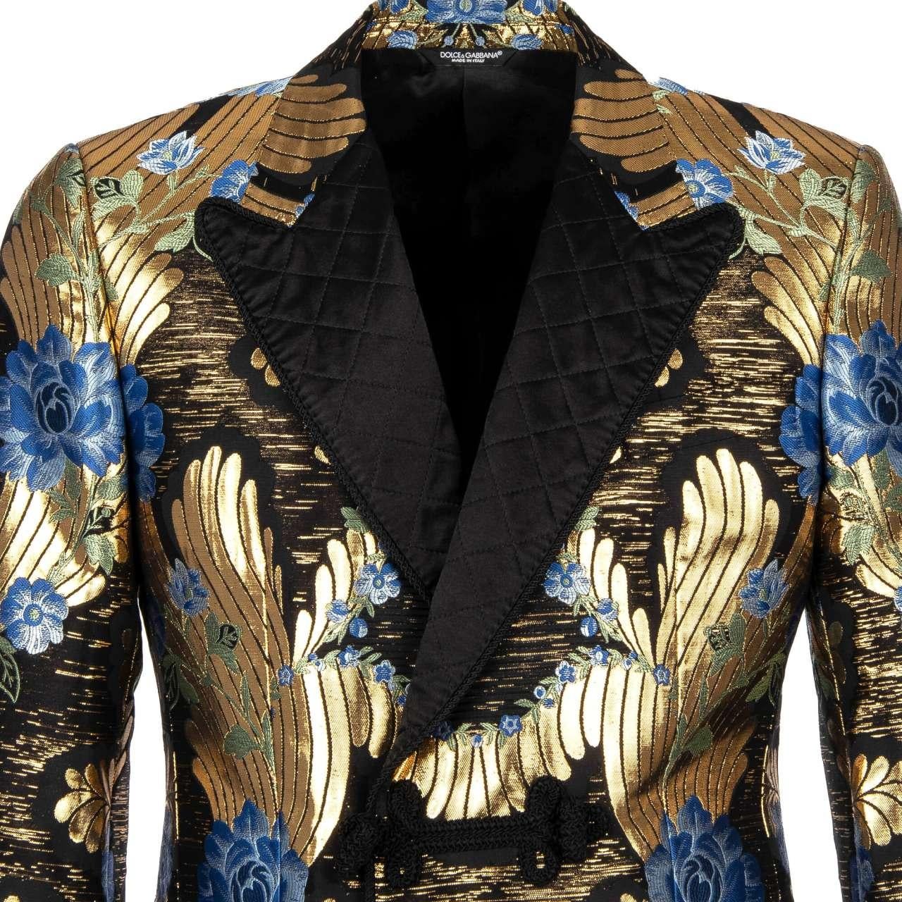 - Floral Baroque Style lurex tuxedo / blazer in blue with rope fastening and contrast black quilted peak lapel, cuffs and pockets by DOLCE & GABBANA - Former RRP: EUR 3.550 - Made In Italy - New with Tag - Slim Fit - Model: G2LB9T-FJM2W-S8351 -