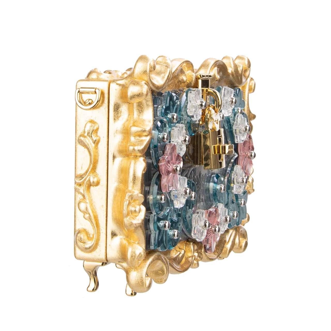 - Crystal flowers and mirror embellished plexiglas and wood Baroque bag / shoulder bag / clutch DOLCE BOX with decorative padlock with flower in gold, blue and pink by DOLCE & GABBANA - New with Tag, Dustbag, Authenticity Card - Material: 60% Wood,