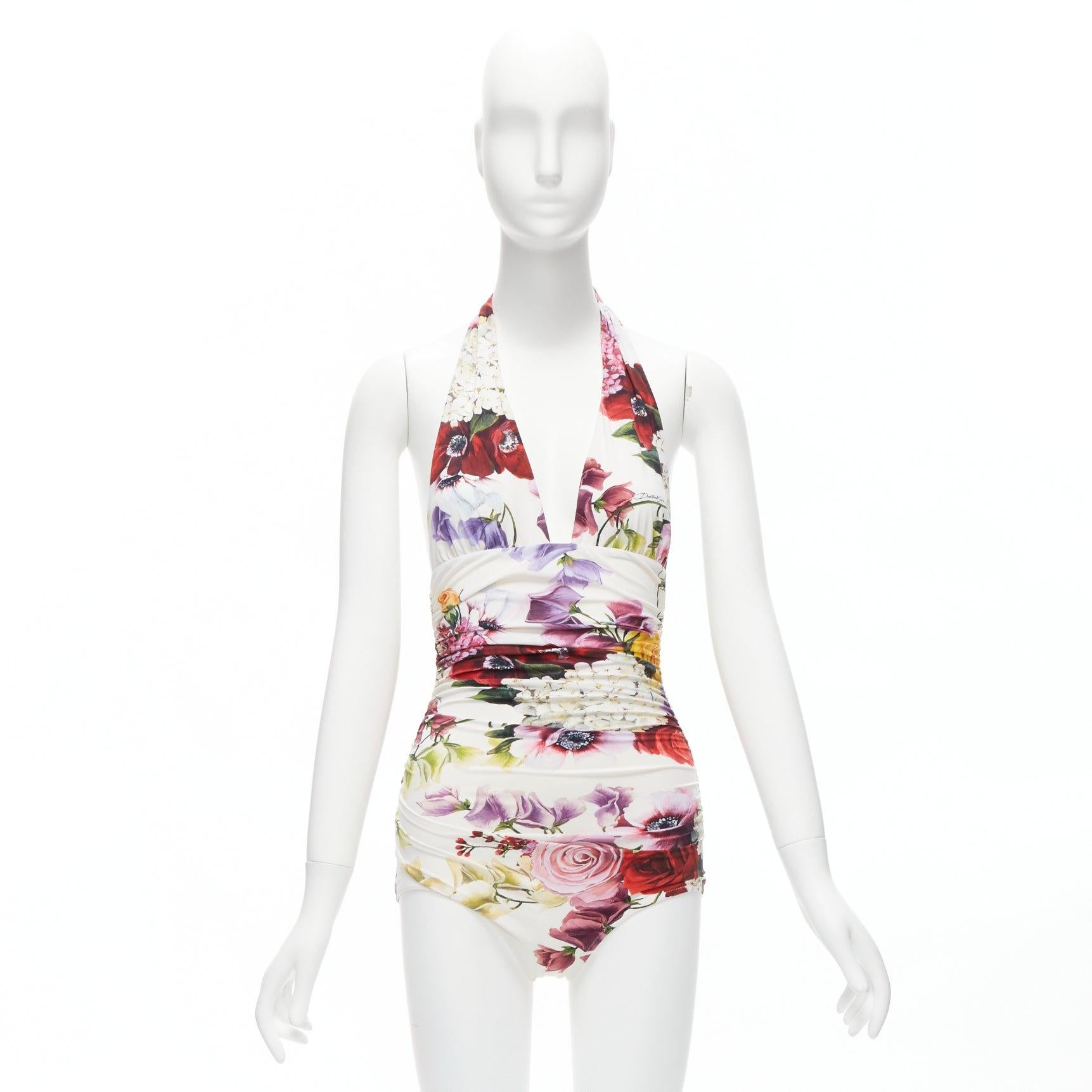 DOLCE GABBANA Beachwear red rose floral print halter ruched one piece swimsuit S For Sale 5