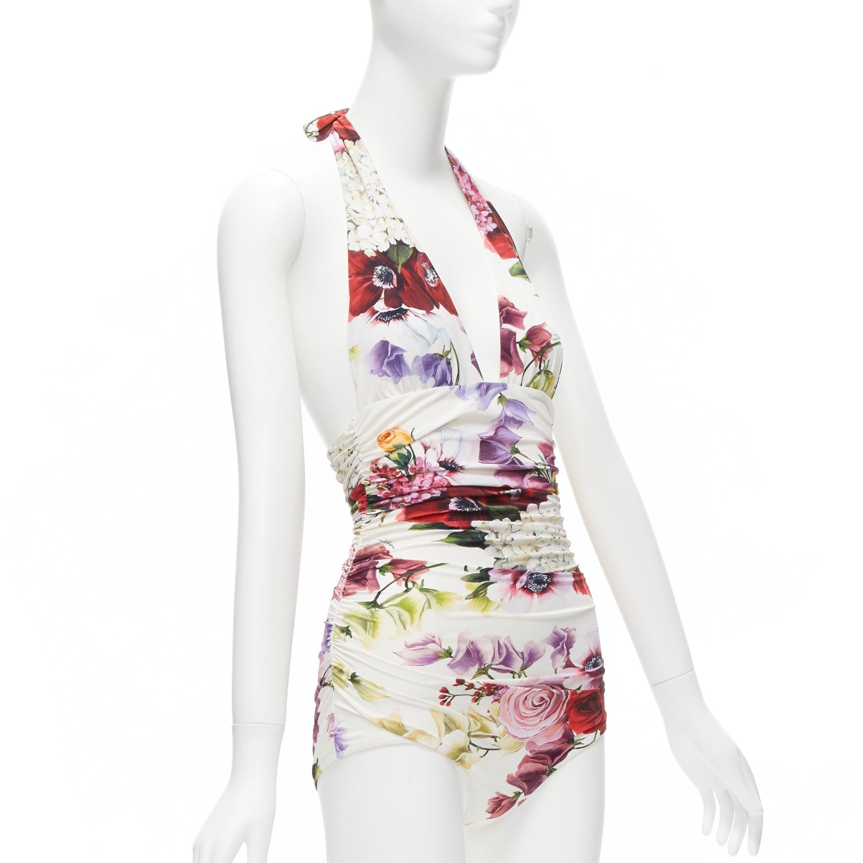 Beige DOLCE GABBANA Beachwear red rose floral print halter ruched one piece swimsuit S For Sale