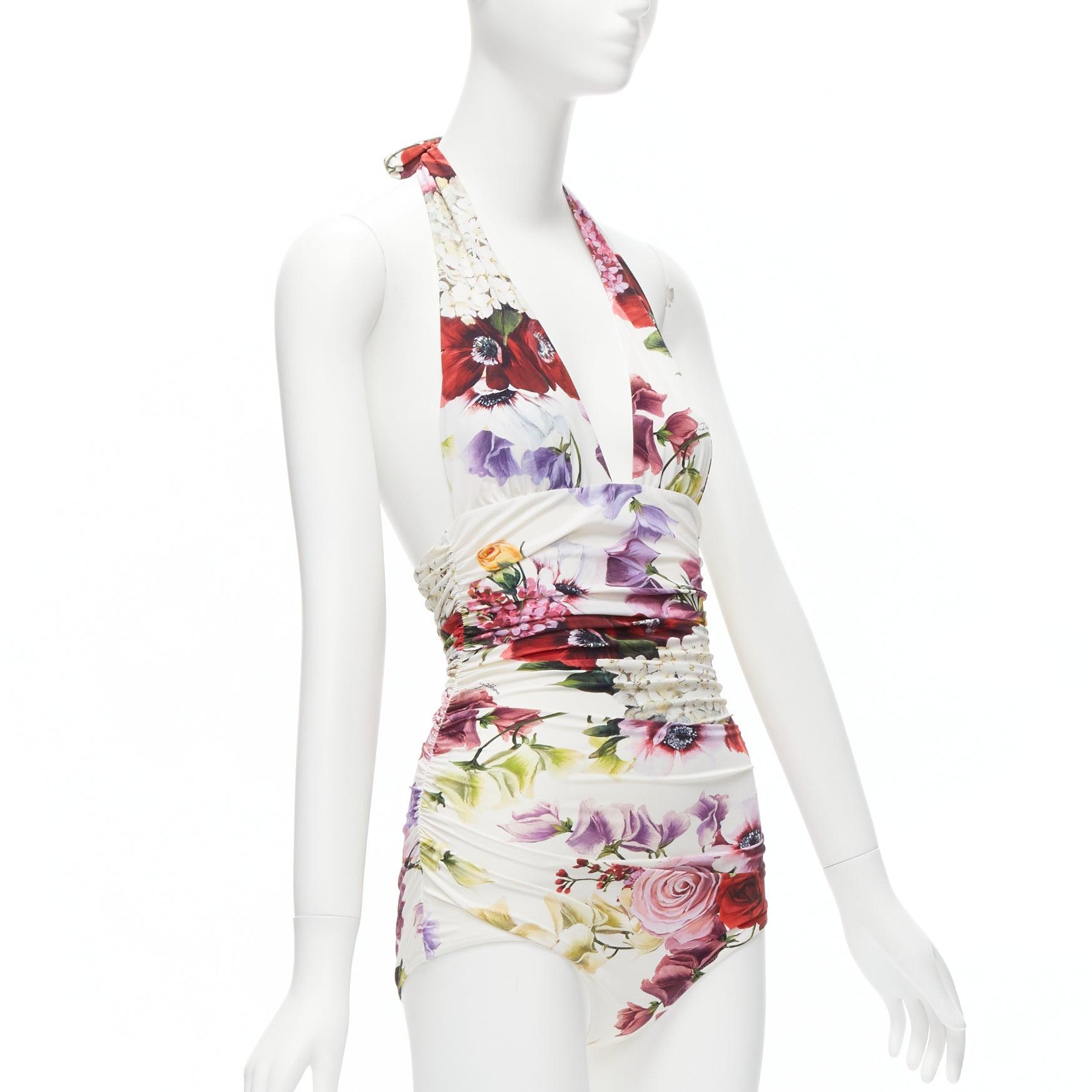 DOLCE GABBANA Beachwear red rose floral print halter ruched one piece swimsuit S In Excellent Condition For Sale In Hong Kong, NT