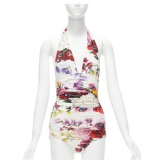 DOLCE GABBANA Beachwear red rose floral print halter ruched one piece swimsuit S