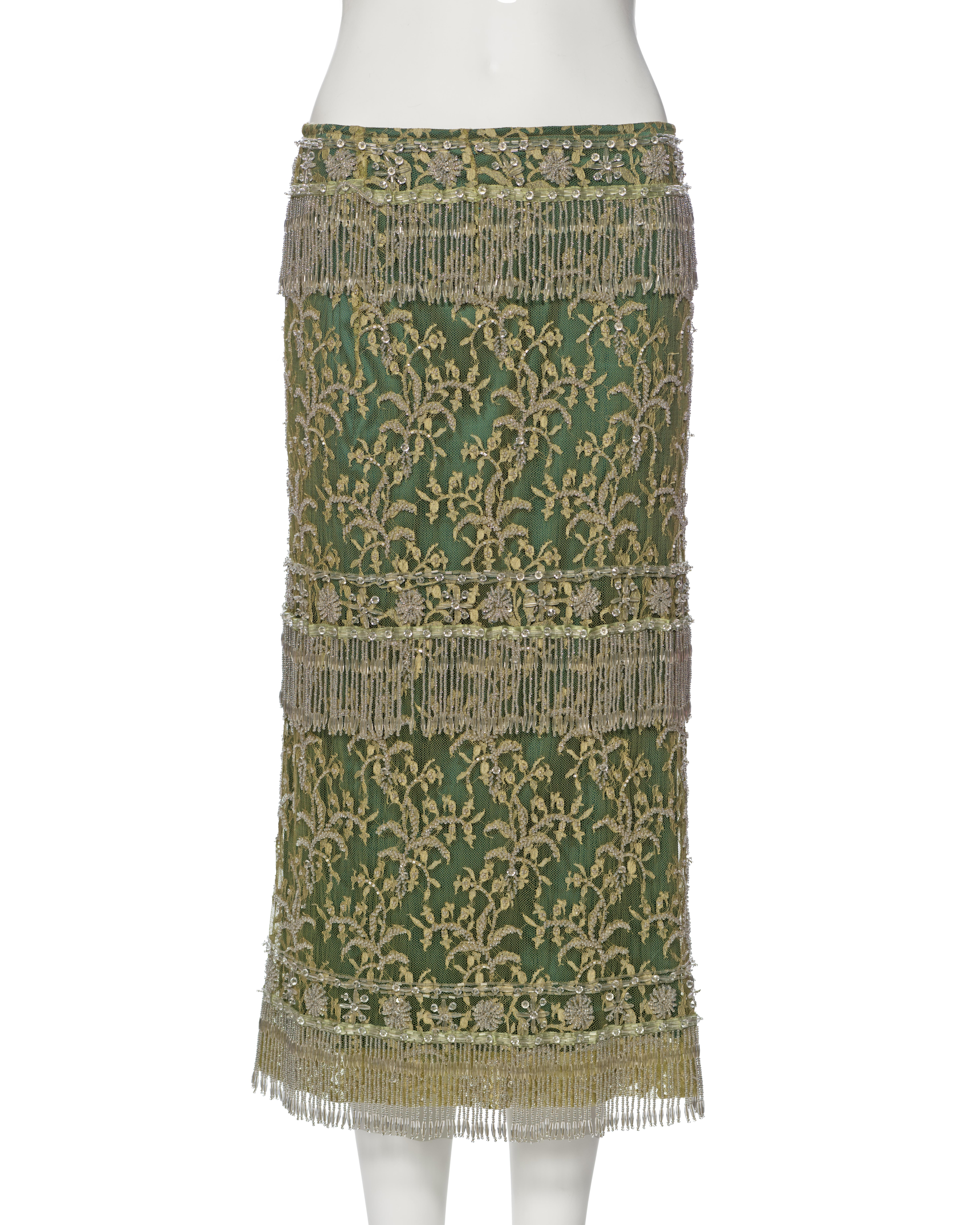 Dolce & Gabbana Beaded Chartreuse Lace Evening Skirt, ss 2000 In Excellent Condition For Sale In London, GB
