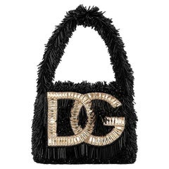 Sac Dolce & Gabbana à franges et perles, noir, avec logo DG en cristal et broderie GEM