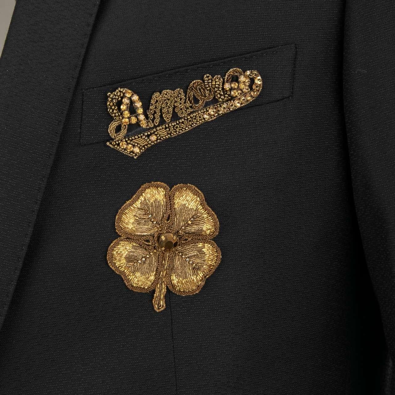 - Bees, crowns and flower goldwork hand-embroidered virgin wool blazer with embroidered inscriptions 