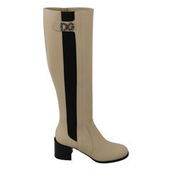 Dolce & Gabbana Beige And Black Leather Knee High Boots Zipper DG Logo