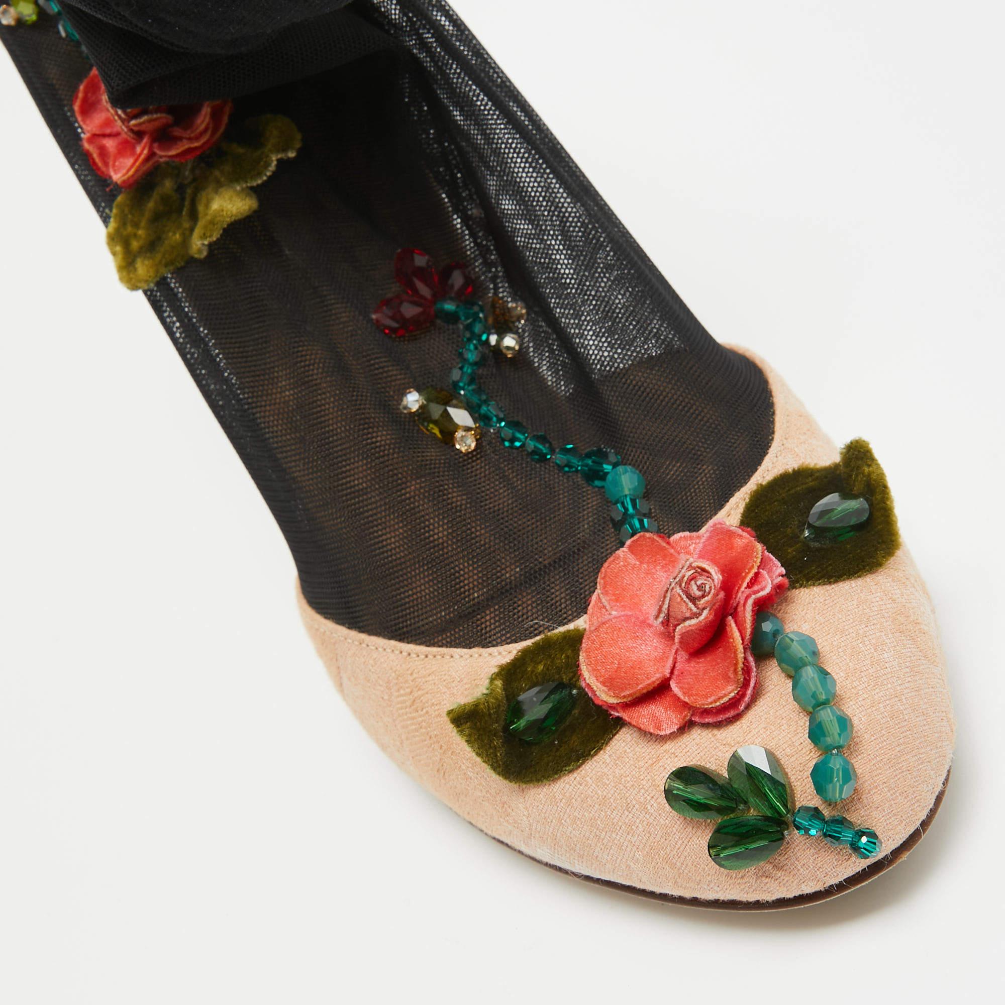 Dolce & Gabbana Beige/Black Brocade Fabric And Lace Sock Pumps Size 36 3