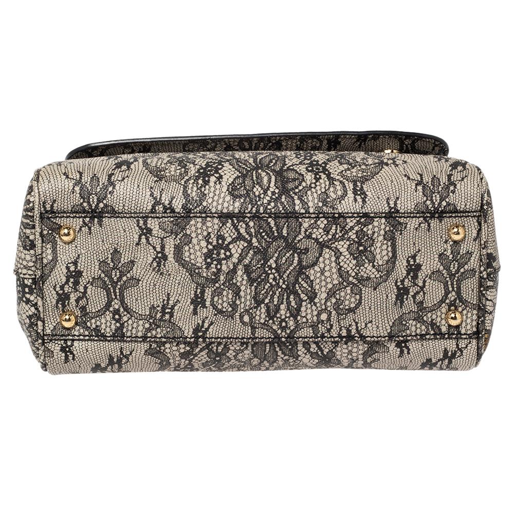 Gray Dolce & Gabbana Beige/Black Lace Print Leather Medium Miss Sicily Top Handle Bag