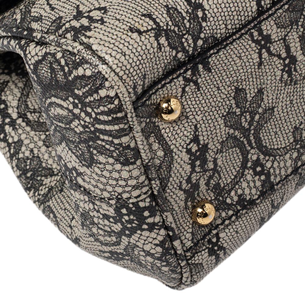 Dolce & Gabbana Beige/Black Lace Print Leather Medium Miss Sicily Top Handle Bag 1