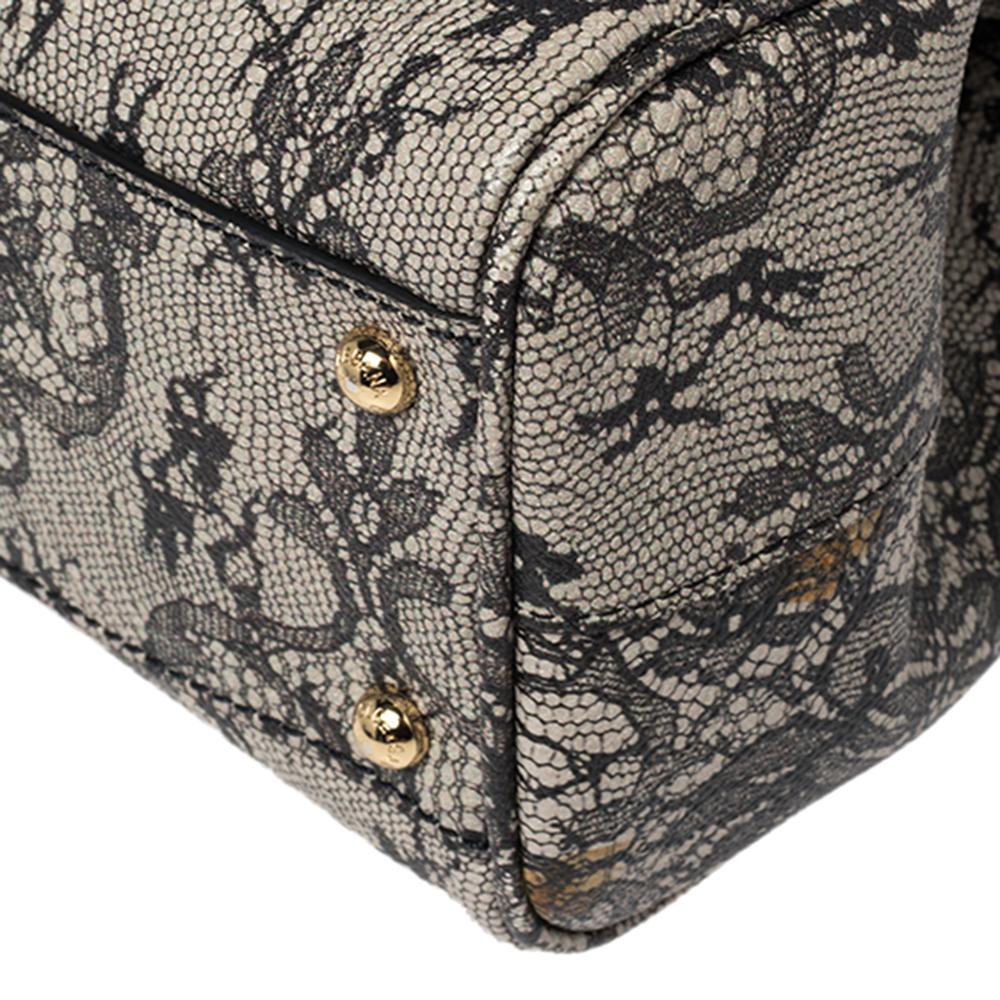 Dolce & Gabbana Beige/Black Lace Print Leather Medium Miss Sicily Top Handle Bag 2