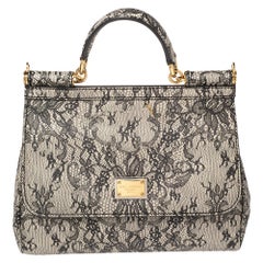 Dolce 
Gabbana Beige/Black Lace Print Leather Medium Miss Sicily Top Handle Bag