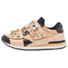 Used Dolce & Gabbana Beige/Black Leather Fabric Lace Up Sneakers Size 38.5