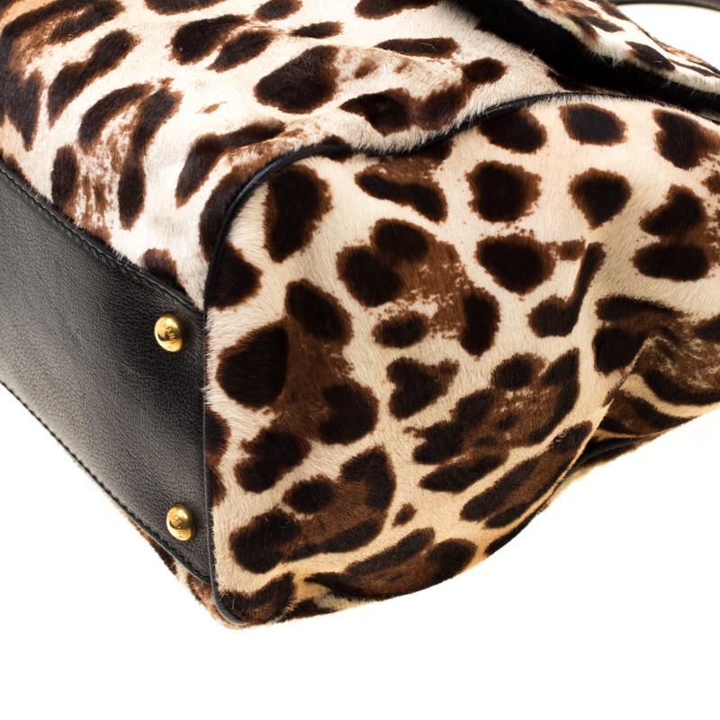 Women's Dolce & Gabbana Beige/Black Leopard Print Calfhair LargeSicily Top Handle Bag