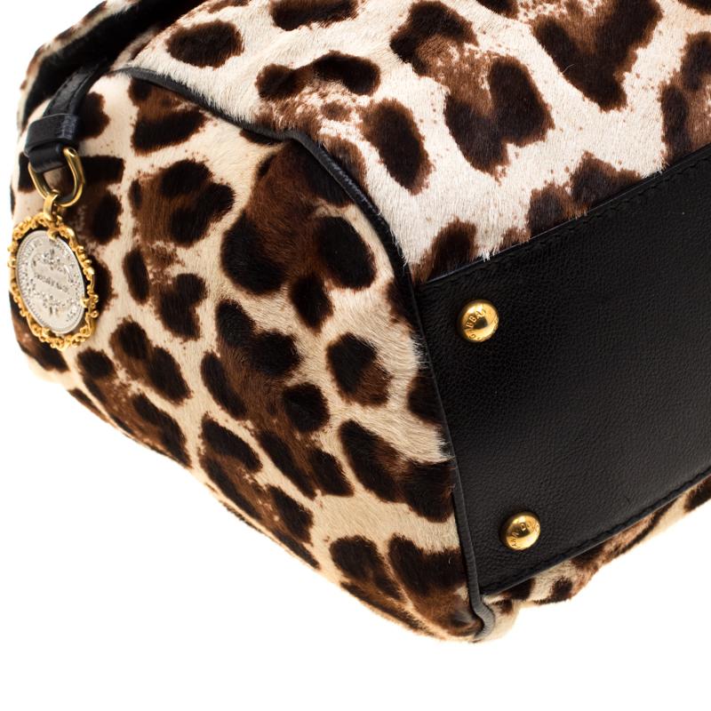 Dolce & Gabbana Beige/Black Leopard Print Calfhair LargeSicily Top Handle Bag 1