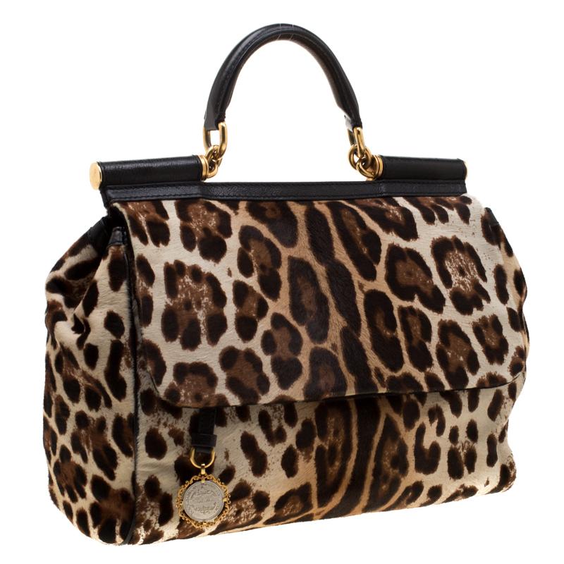 Women's Dolce & Gabbana Beige/Black Leopard Print Calfhair Miss Sicily Top Handle Bag