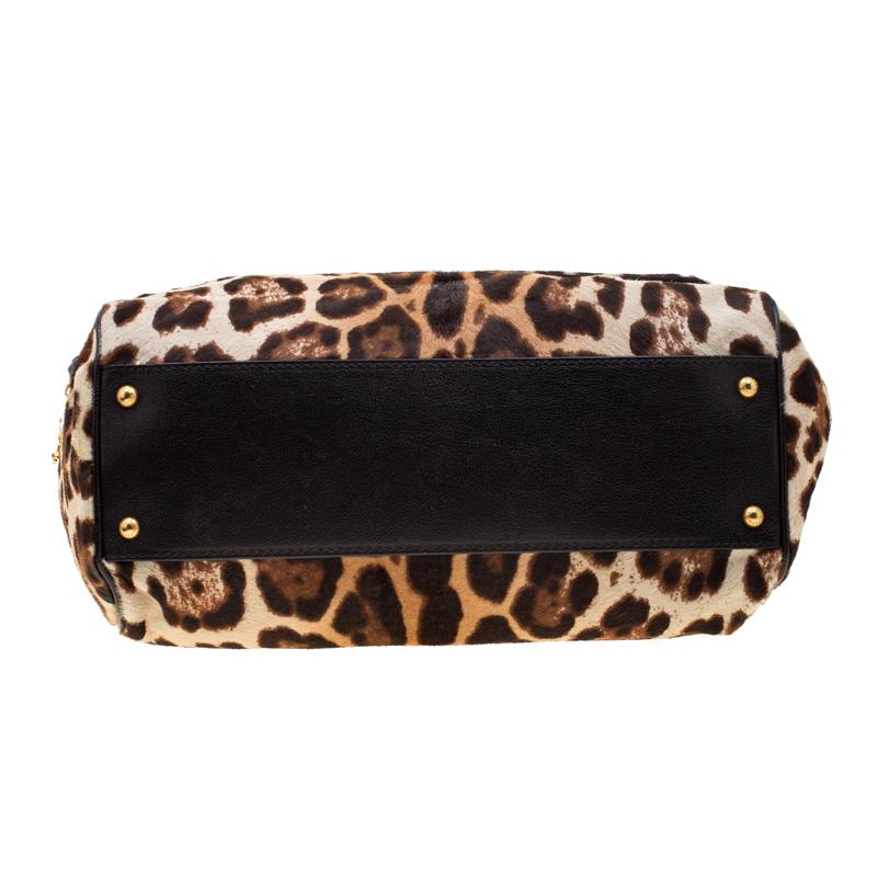 Dolce & Gabbana Beige/Black Leopard Print Calfhair Miss Sicily Top Handle Bag 1