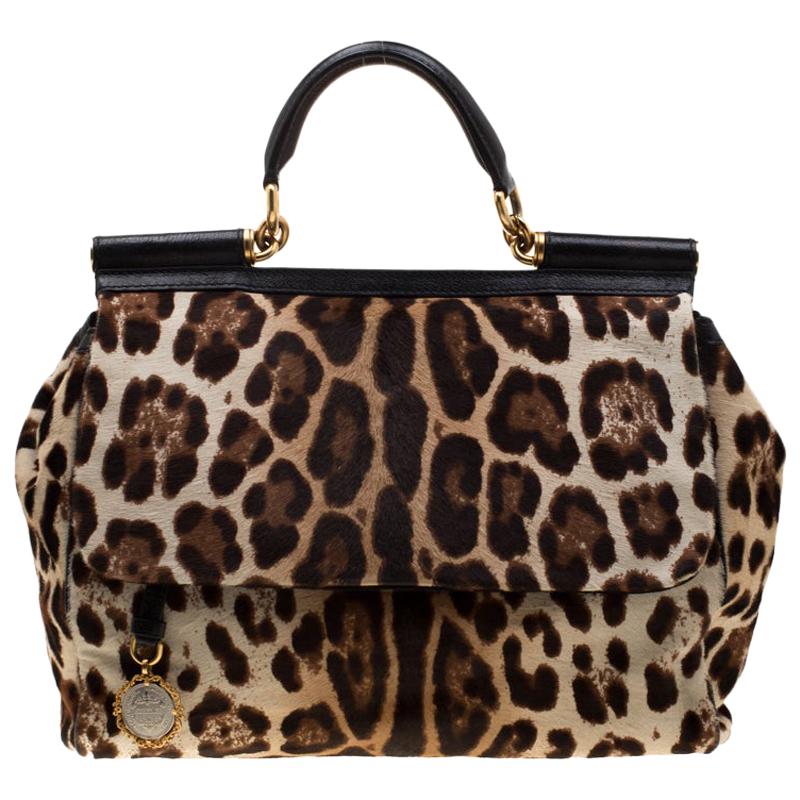 Dolce & Gabbana Beige/Black Leopard Print Calfhair Miss Sicily Top Handle Bag