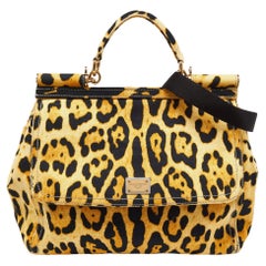 Dolce & Gabbana Beige/Black Leopard Print Canvas Large Miss Sicily Top Handle Ba