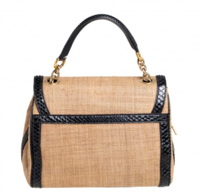 Dolce & Gabbana Beige/Black Raffia and Python Trim Miss Dolce Top Handle Bag In Fair Condition For Sale In Dubai, Al Qouz 2