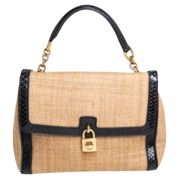 Dolce & Gabbana Beige/Black Raffia and Python Trim Miss Dolce Top Handle Bag For Sale