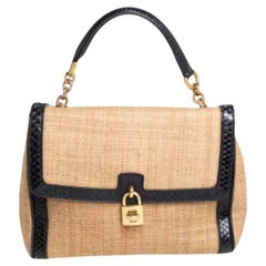 Dolce & Gabbana Beige/Black Raffia and Python Trim Miss Dolce Top Handle Bag