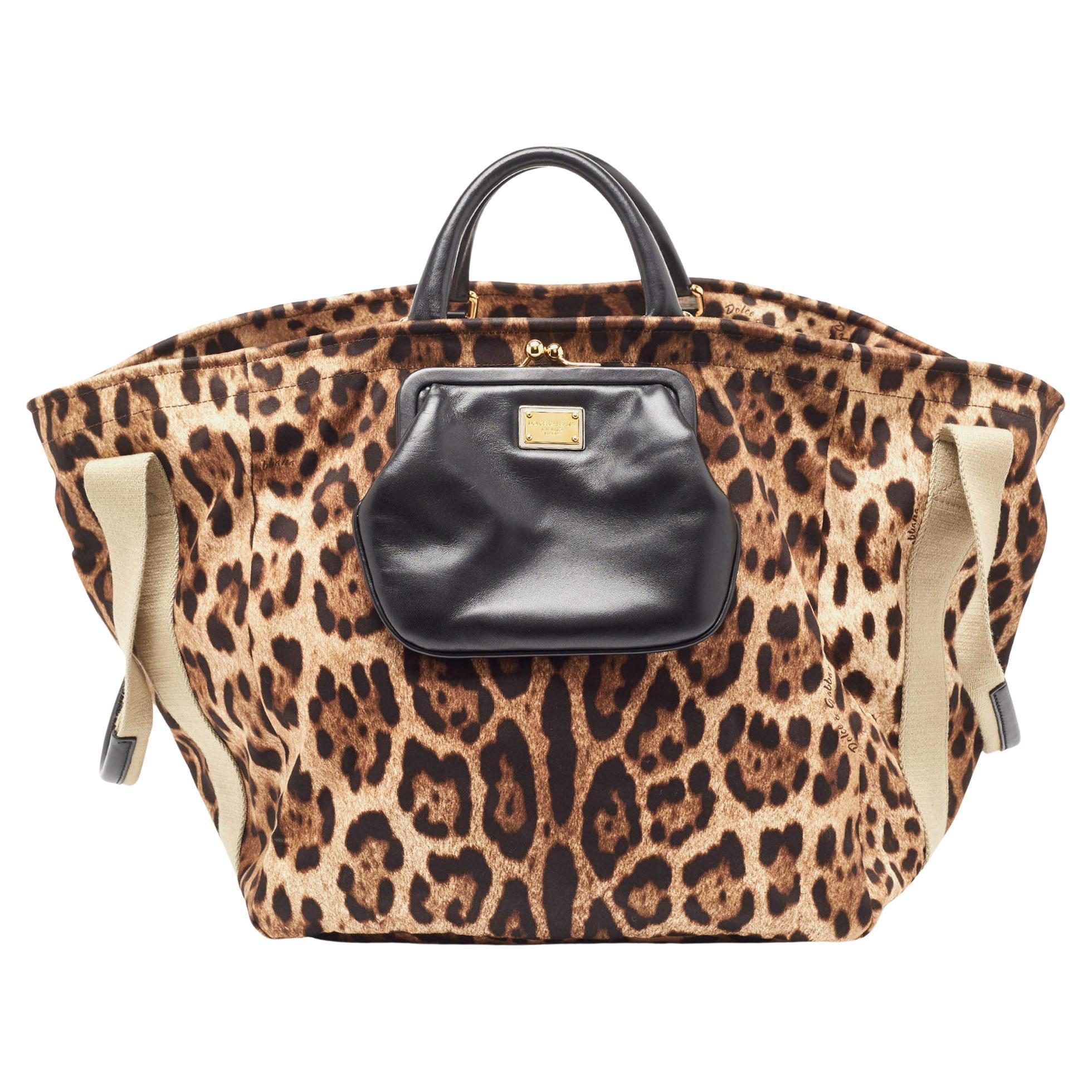 Dolce & Gabbana Beige Brown/Black Leopard Print Fabric Front Pouch Tote