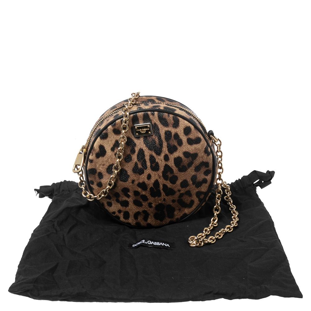 Dolce & Gabbana Beige/Brown Leopard Print Coated Canvas Glam Round Crossbody Bag 7