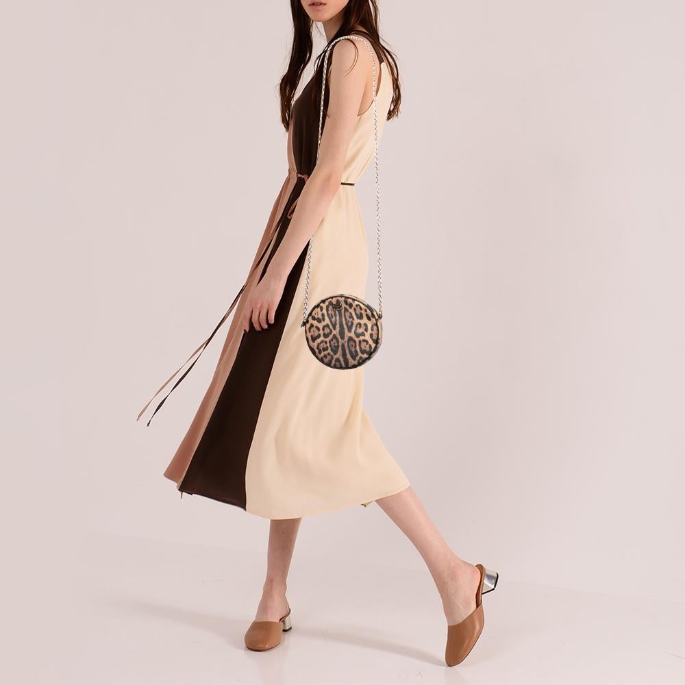 Dolce & Gabbana Beige/Brown Leopard Print Coated Canvas Glam Round Crossbody Bag In Excellent Condition In Dubai, Al Qouz 2