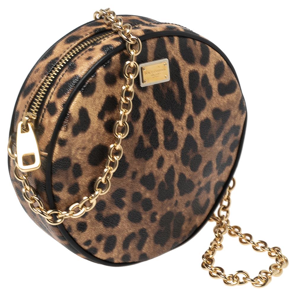 Women's Dolce & Gabbana Beige/Brown Leopard Print Coated Canvas Glam Round Crossbody Bag