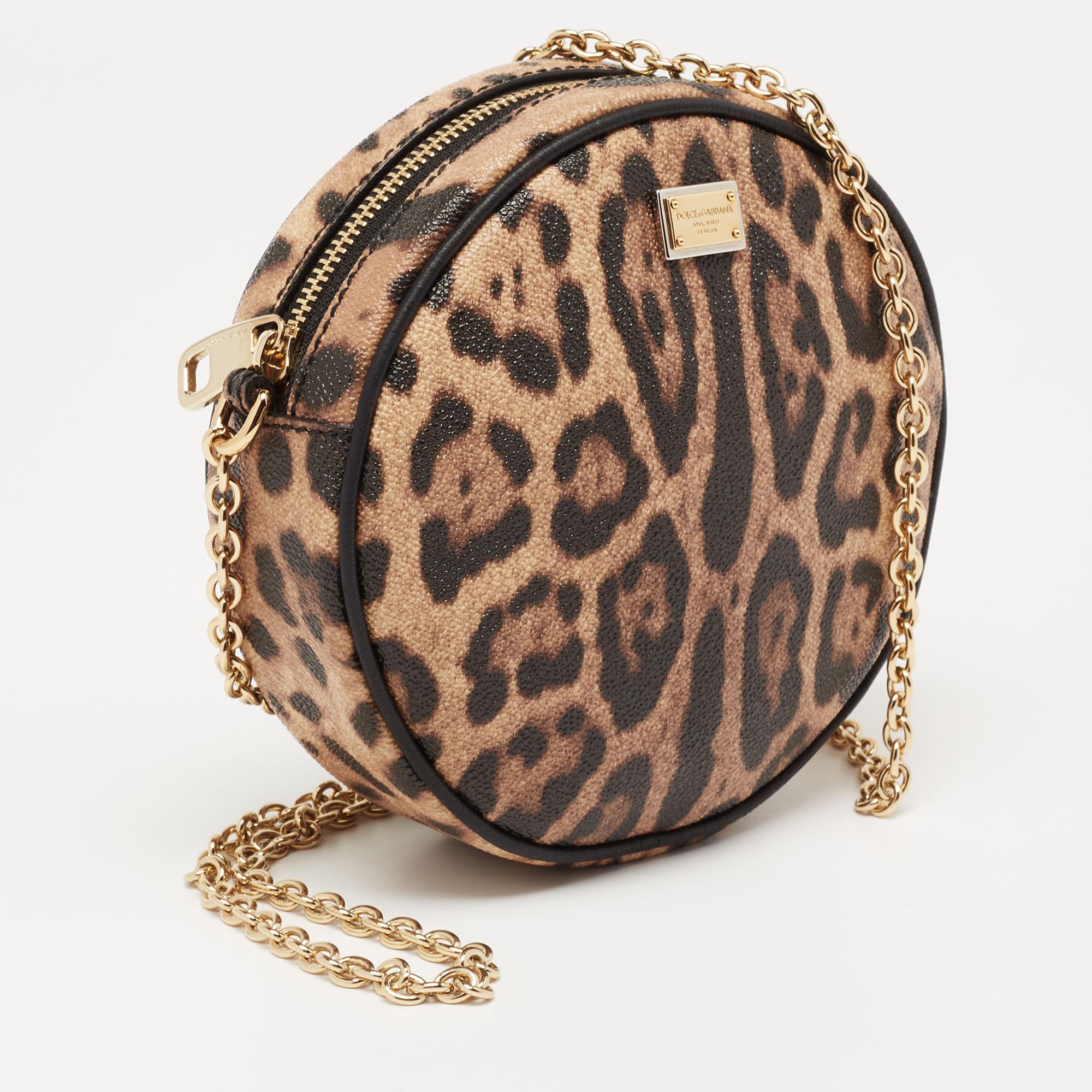 Women's Dolce & Gabbana Beige/Brown Leopard Print Coated Canvas Glam Round Crossbody Bag