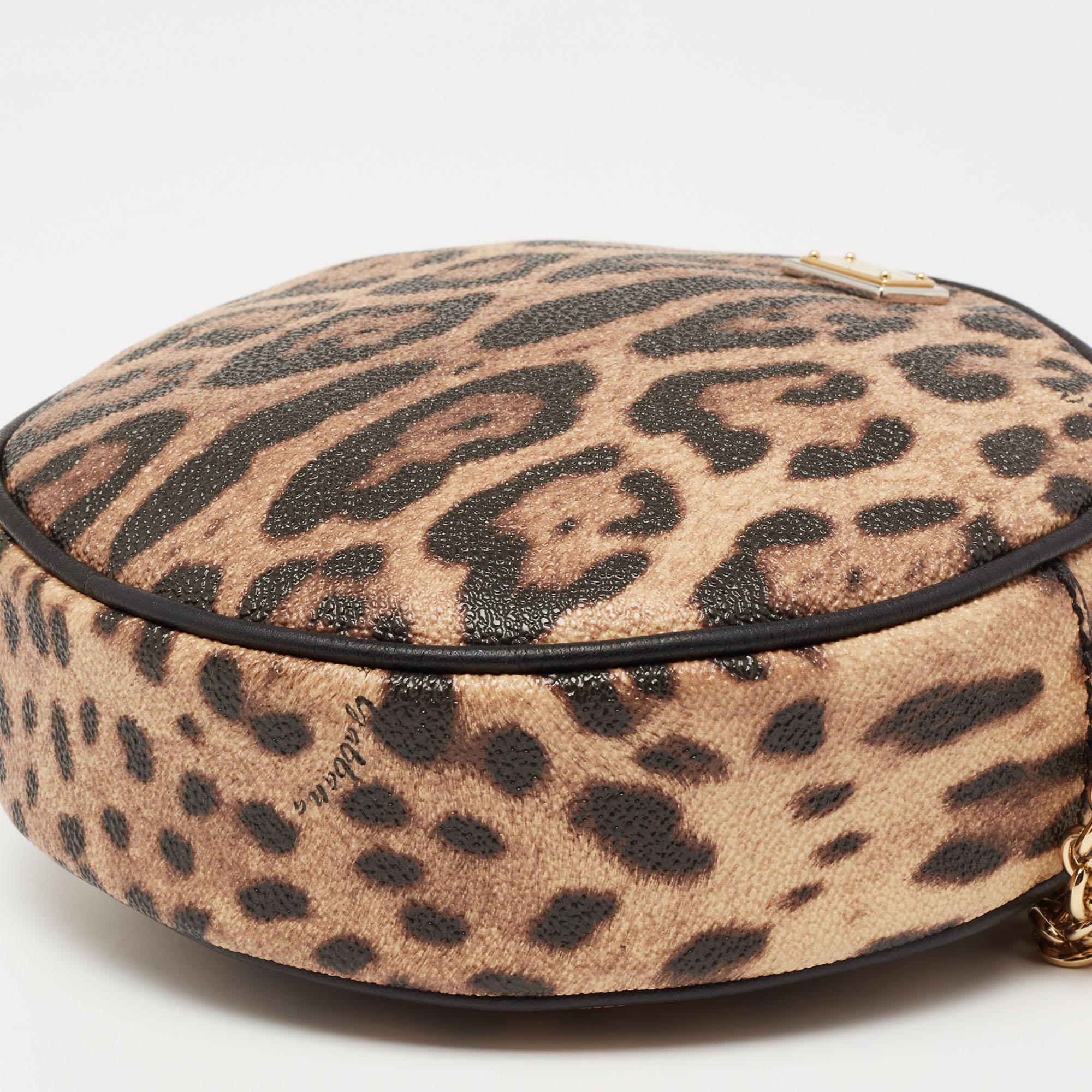 Dolce & Gabbana Beige/Brown Leopard Print Coated Canvas Glam Round Crossbody Bag 3