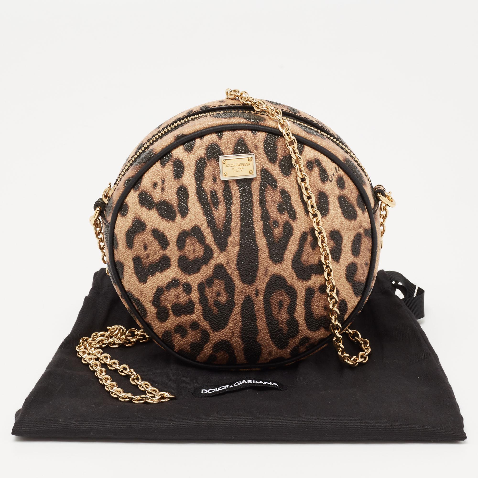 Dolce & Gabbana Beige/Brown Leopard Print Coated Canvas Glam Round Crossbody Bag 4