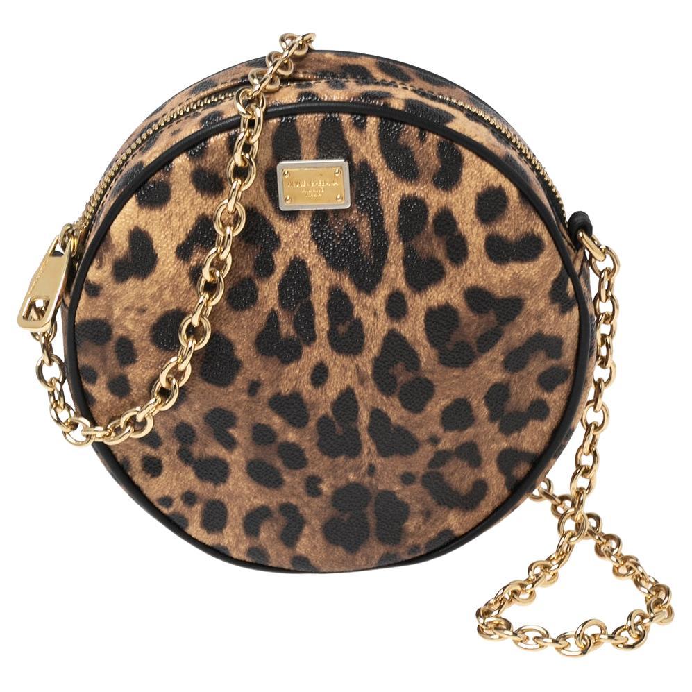 Dolce & Gabbana Beige/Brown Leopard Print Coated Canvas Glam Round Crossbody Bag
