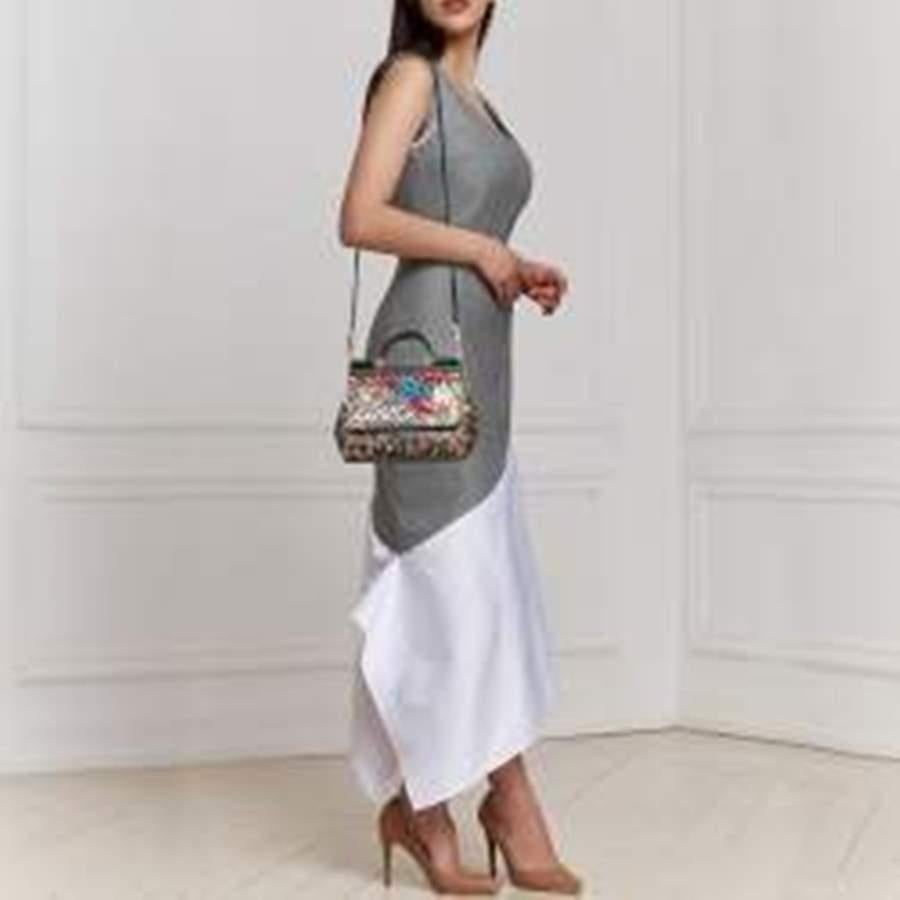 Dolce & Gabbana Beige/Brown Leopard Print Leather Studded Sicily Top Handle Bag In Good Condition In Dubai, Al Qouz 2