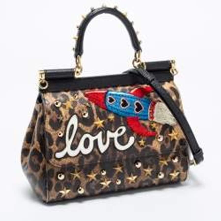 Women's Dolce & Gabbana Beige/Brown Leopard Print Leather Studded Sicily Top Handle Bag