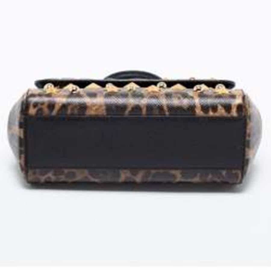 Dolce & Gabbana Beige/Brown Leopard Print Leather Studded Sicily Top Handle Bag 1
