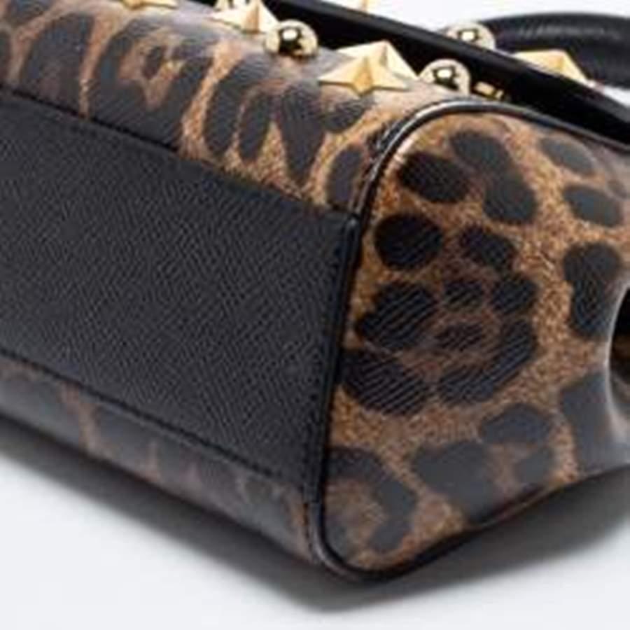 Dolce & Gabbana Beige/Brown Leopard Print Leather Studded Sicily Top Handle Bag 3