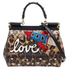 Dolce & Gabbana Beige/Brown Leopard Print Leather Studded Sicily Top Handle Bag