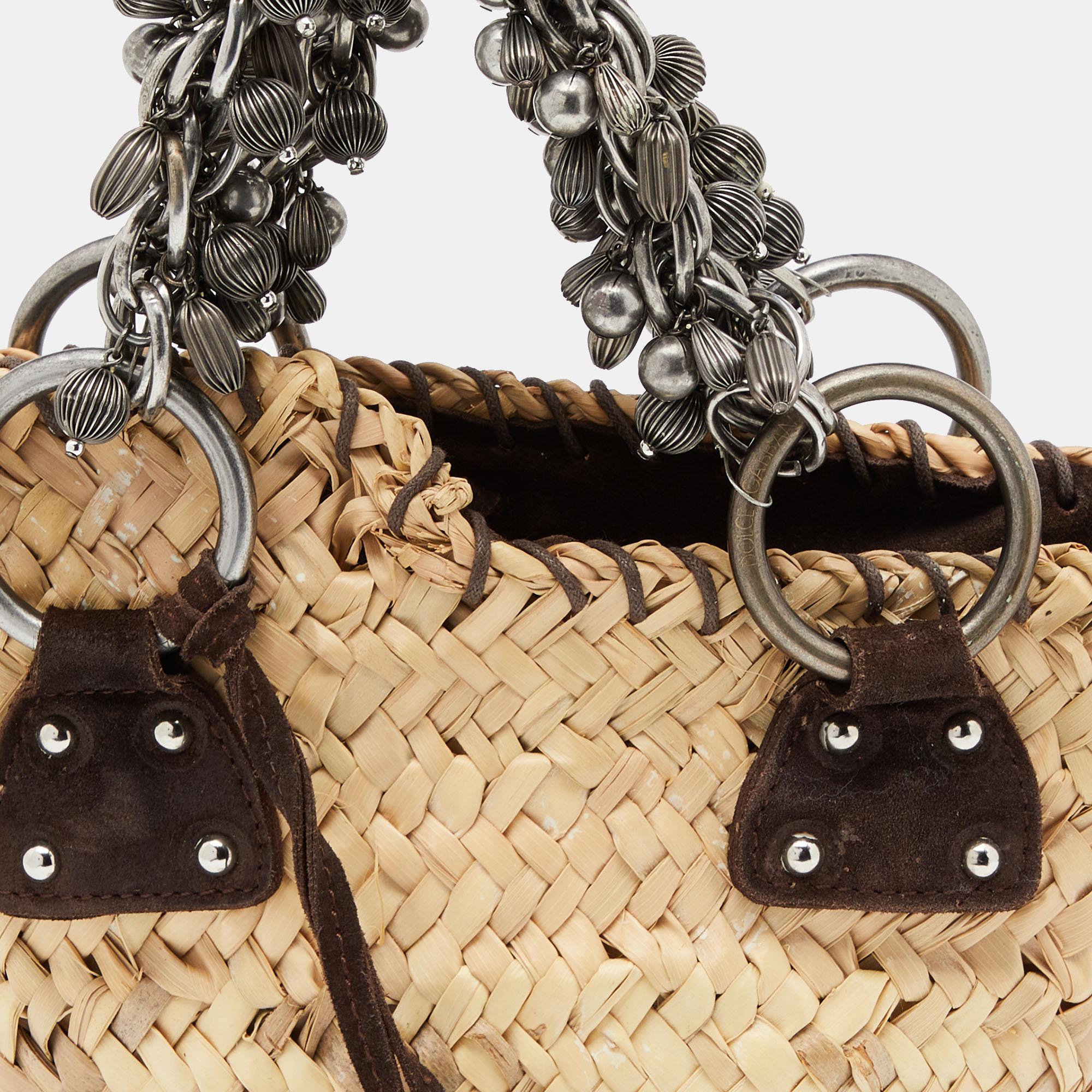 Dolce & Gabbana Beige/Brown Straw And Suede Metal Charm Handle Tote 5