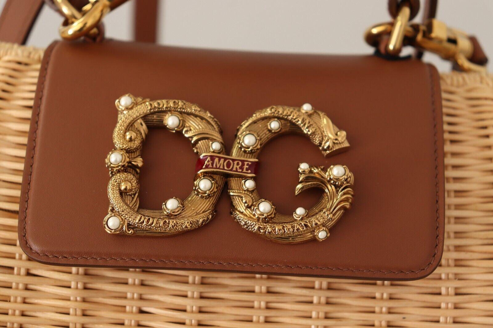 Dolce & Gabbana Beige Brown Straw Leather DG Amore Handbag Shoulder Bag   In New Condition In WELWYN, GB