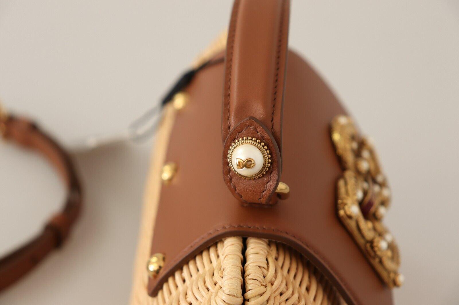 Women's Dolce & Gabbana Beige Brown Straw Leather DG Amore Handbag Shoulder Bag  