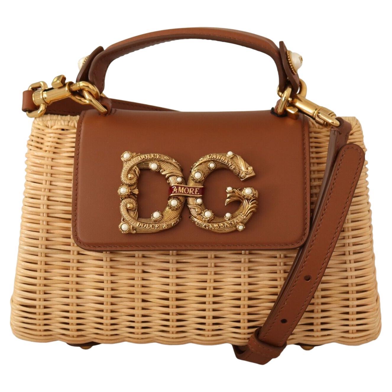 Dolce & Gabbana Beige Brown Straw Leather DG Amore Handbag Shoulder Bag  