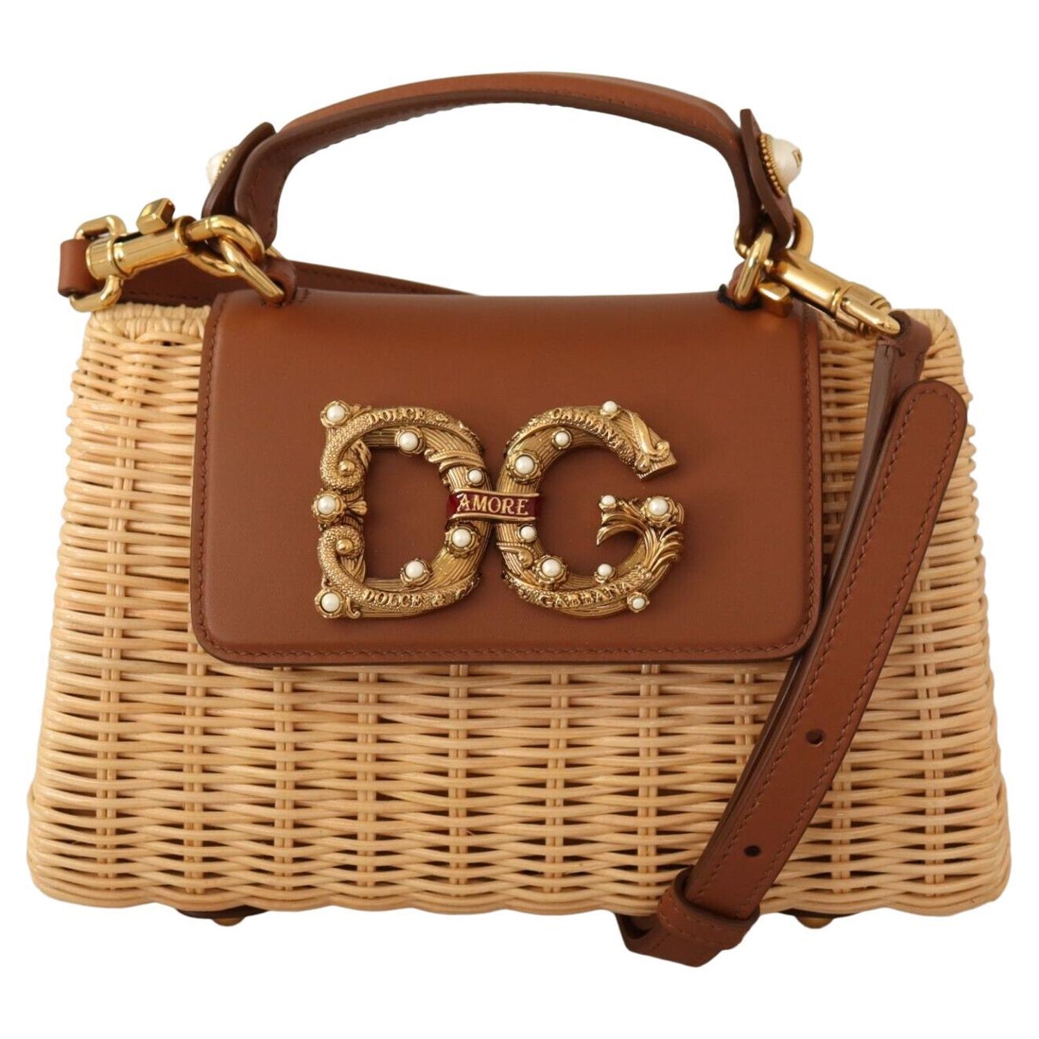 Dolce and Gabbana Beige Brown Straw Leather DG Amore Handbag Shoulder Bag  at 1stDibs