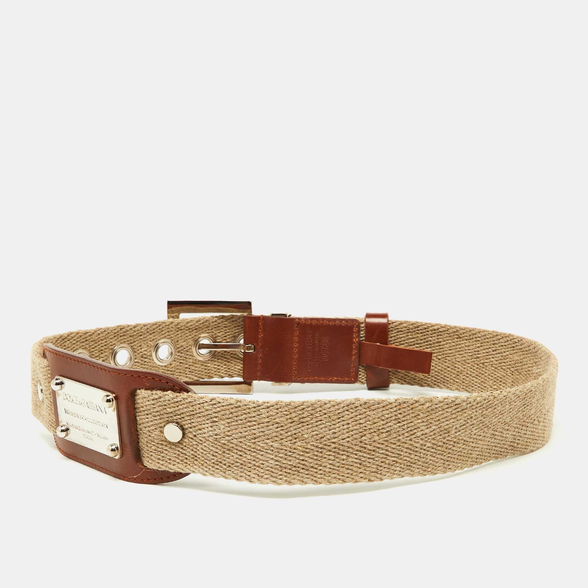 Women's Dolce & Gabbana Beige Canvas and Leather Plaque Detail Waist Belt 65CM For Sale