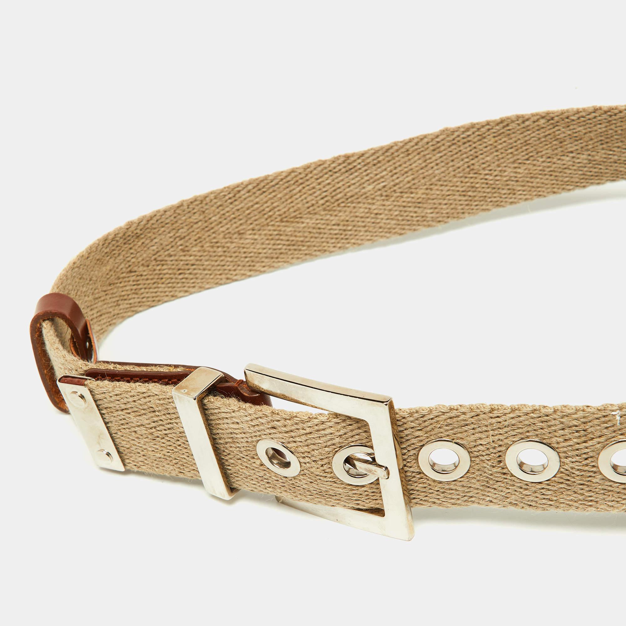 Dolce & Gabbana Beige Canvas and Leather Plaque Detail Waist Belt 65CM For Sale 1