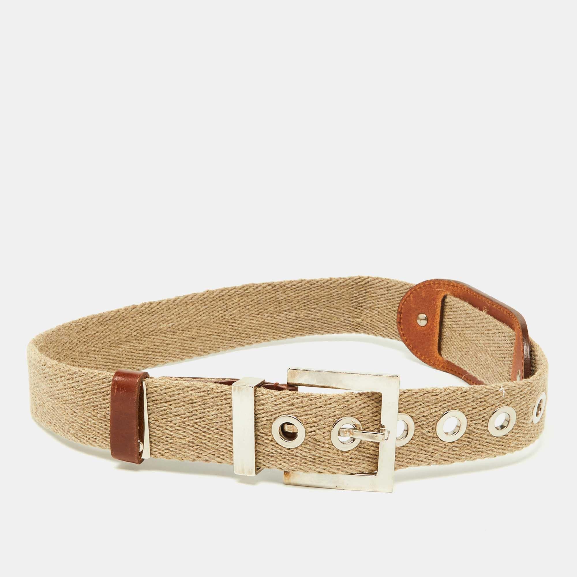Dolce & Gabbana Beige Canvas and Leather Plaque Detail Waist Belt 65CM For Sale 2