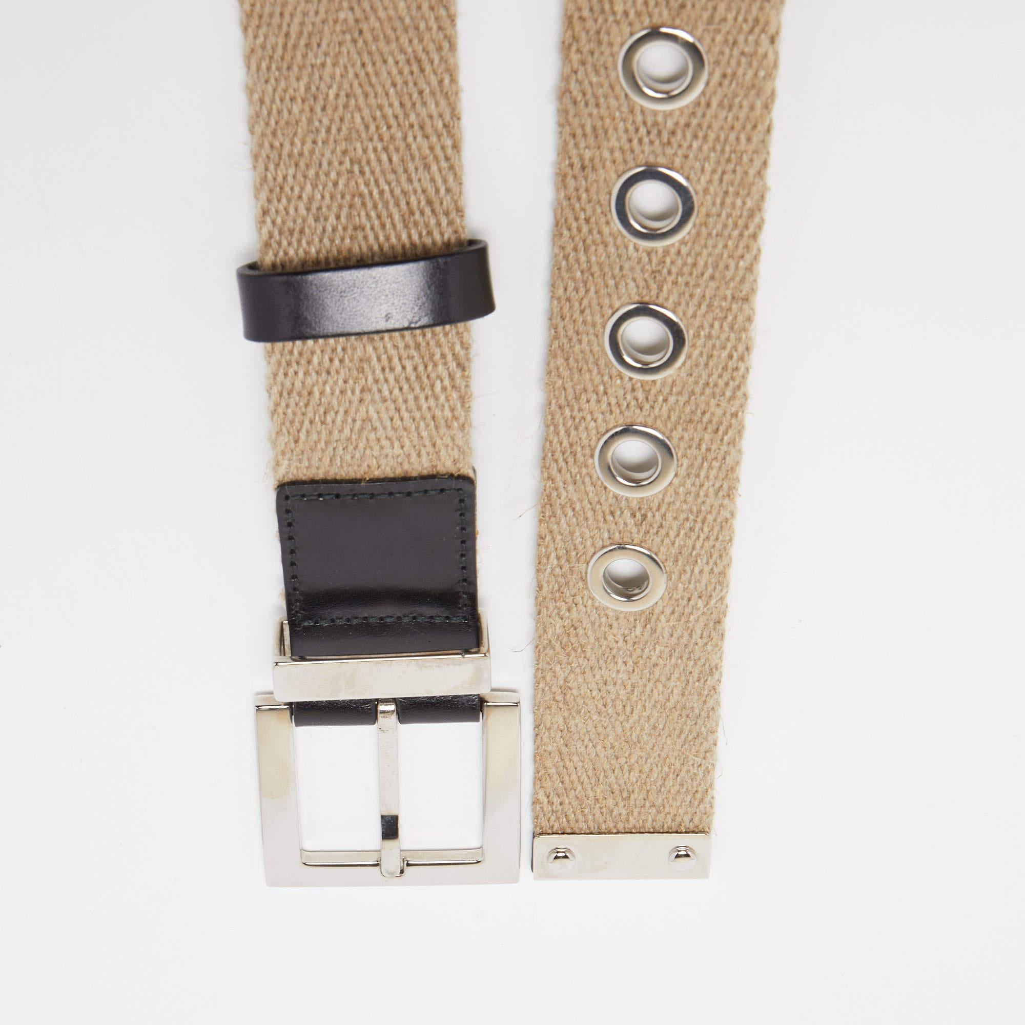 Dolce & Gabbana Beige Canvas and Leather Plaque Detail Waist Belt 80CM In Fair Condition For Sale In Dubai, Al Qouz 2